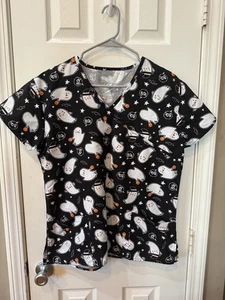 Damen Peeling Top Größe Medium schwarz Stretch Halloween Geistermuster - Bild 1 von 8