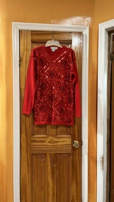 Outlander Red Sequin Longsleeve Long Tunic 70% Lambswool Oversized Sweater S - Image 1 of 4