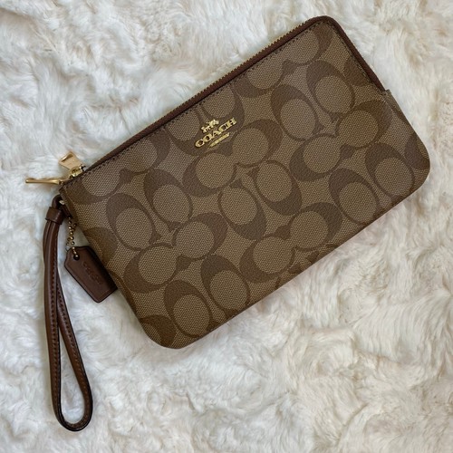Portafoglio COACH doppia zip da polso in tela rivestita firmata in kaki classico