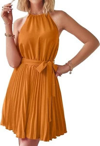Halter Neck Summer Dresses Resort Sleeveless Sundress Belt Pleated A-Line - Picture 1 of 10