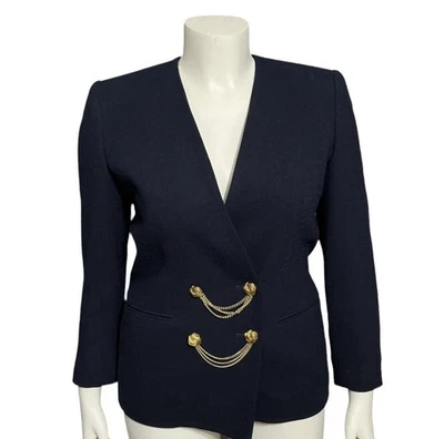 复古 Kasper 女式海军蓝金色纽扣装饰西装外套 6P 无领职业 — 第 1/4 张图片