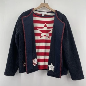 Fleecepullover Damen L/XL Americana Sherpa Preppy Cottage Herzen patriotische Flagge - Bild 1 von 10