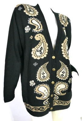 Retro Granny Grunge  Vintage 80s Alfred Dunner Khaki Paisley Cardigan sweater XL - Image 1 of 4