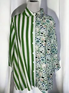 Shana Womens Quarter Sleeve Medium Green Floral Striped Button Down Shirt New - Picture 1 of 9