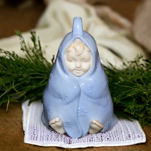 Vintage Porcelain Boy Baby Newborn Blond Hair Blue Blanket Bell Ornament - Picture 1 of 6