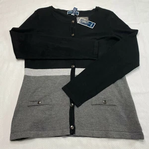 Karen Scott Petites Womens Sweater sz PXL Black Gray Stripe Stretch Cardigan NEW - Picture 1 of 13