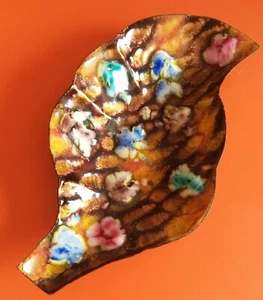 Vintage Retro 50s Leaf Trinket Dish Esmaltes Garcia Glossy Enamel Copper Ashtray - Picture 1 of 12