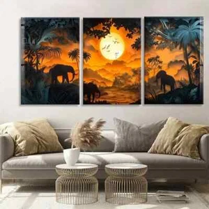 3pcs Majestic Elephants Sunset Safari Perfect Wall Art Canvas Framed 50x70cm - Picture 1 of 3
