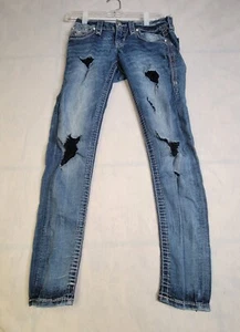 Rock Revival LowRise Embellished Yui Straight Denim Jeans Women Sz 24 Distressed - Picture 1 of 13