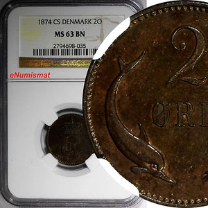 Denmark Christian IX 1874 CS  2 Ore NGC MS63 BN 1st Year For Type KM# 793.1 (035 - Picture 1 of 3