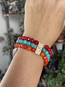 Vintage Barse Genuine Stones Blue Red Orange Set Of 3 Stretch Bracelet - Picture 1 of 7