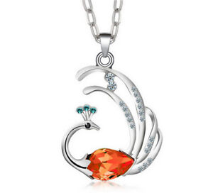 New Style Women Jewelry Orange Crystal Rhinestone Peacock Pendant Necklace Chain