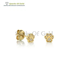 Pavé Diamond Mini Dog Paw Stud Earrings 14k Yellow Gold Jewelry Gift For Women's - Picture 1 of 4