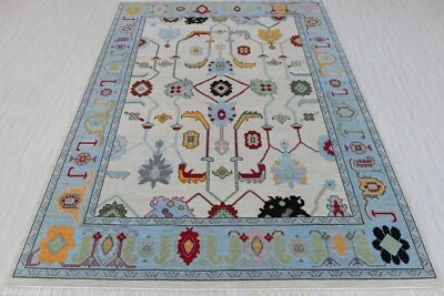 CUSTOM SIZE Turkish Oushak Rug Cream Turquoise Hand Knotted Soft Wool Rug - Image 1 of 4