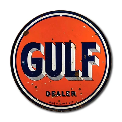 GULF OIL GASOLINE 10 inch ROUND SIGN METAL Aluminum Rustic TIN LOGO BARN GARAGE - Image 1 of 4