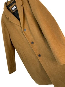 DKNY Mens Camel Overcoat Large RK10394 EUC Wool Blend Winter Lined Brown - Picture 1 of 11