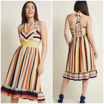 Modcloth Multicolor Striped Halter Dress Sweetheart Neck Fit & Flare Size XL - Image 1 of 4
