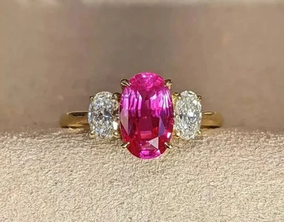 Women's Wedding Halo Ring 14K Yellow Gold Plated 2Ct Oval Lab-Created Pink Ruby - Image 1 of 2