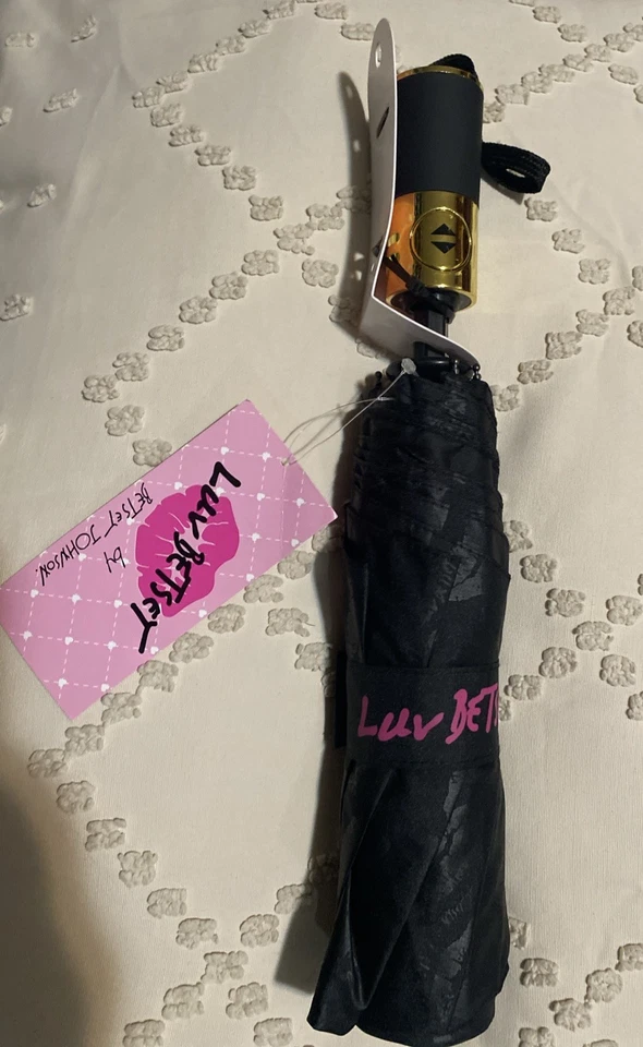 MUJER BETSEY JOHNSON NEGRO/ROSA/LABIOS ESTAMPADO DE LABIOS ÚNICO AUTOMÁTICO ABIERTO PARAGUAS NUEVO CON ETIQUETAS Foto 1 de 4
