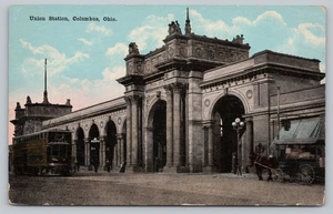 Columbus OH Union Station Depot Interurban Trolley Horse Carriage Postcard N4 - Picture 1 of 2