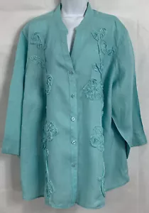 Charter Club Plus Gr. 24 W Bluse mit Knopfleiste Leinenapplikation Langarm mintgrün - Bild 1 von 12