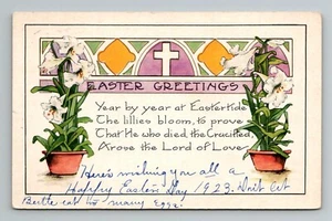 Postal de colección de lirios de Pascua Paz sea tu cruz de saludos 1923 - Imagen 1 de 2