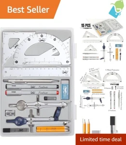 Professional Geometry Set 15 pcs - Rulers, Compasses Drawing Tools Drafting Kits - Picture 1 of 10