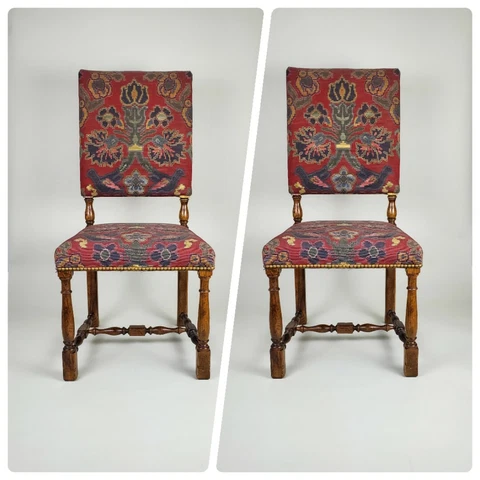 RAREPair Baker Walnut Louis XIII High Back Flemish Tapestry Upholstery Chairs Cover