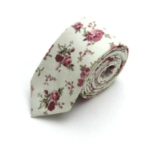 Cream Dusty Rose Floral cotton Men’s Necktie Skinny 2 1/2W 58L - Picture 1 of 9