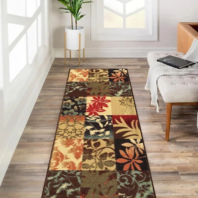 Custom Size Stair Hallway Runner Rug Rubber Back Non Skid Brown Floral Boxes - Image 1 of 4