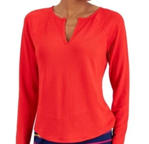 NWT JENNI Women's Split-Neck Ribbed Long Sleeve Knit Pajama Top $30 Papaya Punch - Picture 1 of 10