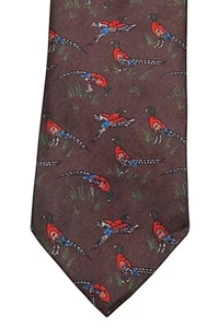 Valentino Silk Neck Tie Necktie Brown Red-Blue Pheasants Hunting Italy Vintage - Picture 1 of 11