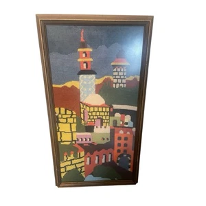 Vintage Framed Needlepoint Cityscape Wall Art - Colorful Retro Urban Scene Decor - Picture 1 of 4