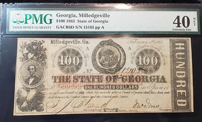 1863 $100 State of Georgia Cr# 6D PMG Extra Fine 40 Net Rattlesnake Note - Image 1 of 4