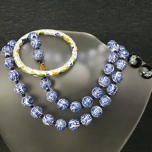 Chinesisches Porzellan blaue Shou Perlen lange Halskette Cloisonne Armreif + Ohrringe - Bild 1 von 5