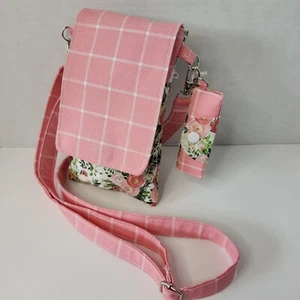Cell Phone Purse Bag Floral With Pink Plaid Handmade Cross Body - Picture 1 of 8