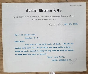 1909 Letterhead New York Bleecker Meriden CT  Foster Merriam Cabinet Hardware - Picture 1 of 7