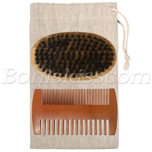 Men Army Boar Hair Bristle Beard Mustache Round Brush Double-sided Wood Comb Set - Picture 1 of 6