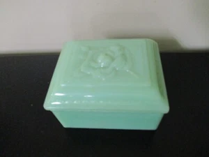 Vintage Fire King Jadeite Cigarette Trinket Box with Raised Rose Lid - Picture 1 of 9