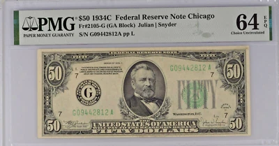 1934C $50 Federal Reserve  Note Chicago FR #2105-G - MS-64 EPQ PMG Cert. - Image 1 of 2