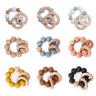 2pcs Natural Organic Beech Wood Baby Rattle Teethers Ring Silicone Chew Bracelet