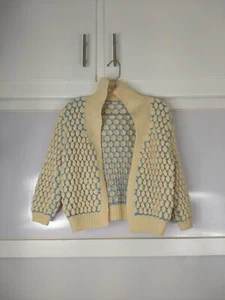 Handmade Hand Knit Beige Blue Bobble Knit Cardigan Open Front Youth Unisex - Picture 1 of 9