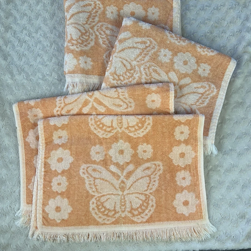 Juego de toallas de mano de baño vintage St Mary's naranja melocotón mariposa flecos florales años 70 Foto 1 de 4