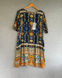 Orientique Naturally Halki Print Short Sleeve Dress Pockets Size 10 NEW - Picture 1 of 11