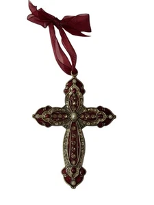 Brass & Maroon Tone Hanging Cross Ornament With Gemstones 4.5" Tall - Picture 1 of 3