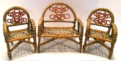 3 Piece Wicker Green/Brown/Coral (Barbie Type) Doll Furniture-Loveseat+2 Chairs - Image 1 of 4