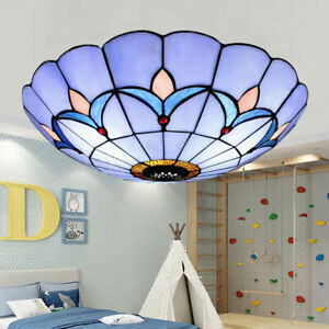 Tiffany Flush Mount LED Ceiling Light Stained Glass Lamp Shade Bedroom Fixture