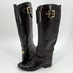Tory Burch Marco Zipper Front Riding Knee Boots Brown Gold Tone Women 7M - Picture 1 of 8