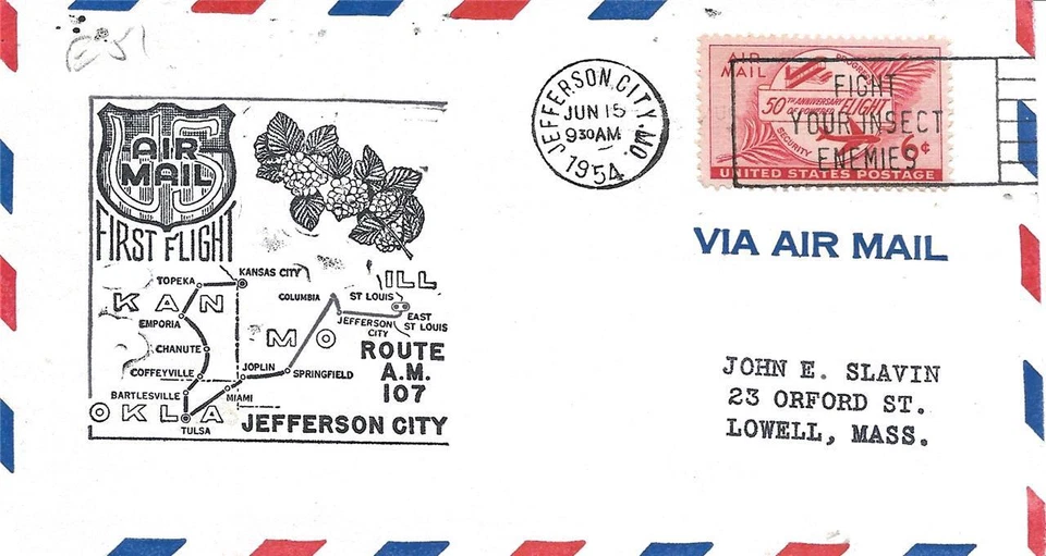 First Airmail Flight Cover Jefferson City - St Louis MO June 15 1954 AAMC#107E51 - Image 1 of 1