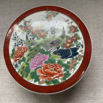 复古 Satsuma 日本 3 英寸圆形覆盖饰品盘孔雀和花朵二手状况完好 — 第 1/4 张图片